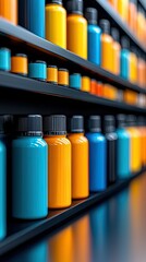 A close-up, eye-level view of multiple rows of colorful bottles, predominantly in shades of blue, yellow, and orange, neatly arranged on dark shelves. The light