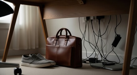 Neat workspace with brown leather bag, sneakers, and organized cables under wooden desk