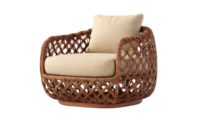 Stylish rattan armchair with cream cushions and a unique woven design on a transparent background, perfect for modern living. background removed