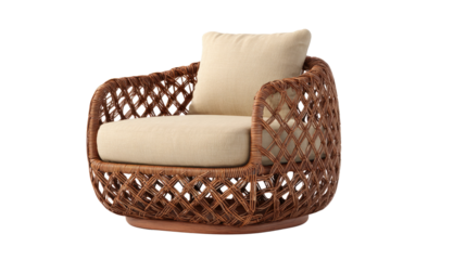 Stylish rattan armchair with cream cushions and a unique woven design on a transparent background, perfect for modern living. background removed