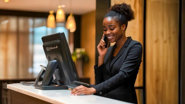Professional hotel receptionist talking on the phone
