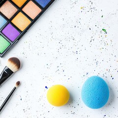 Top view of a vibrant eyeshadow palette, two makeup brushes, and two colorful sponges arranged on a white surface with scattered colorful specks.