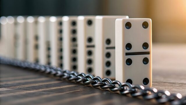 A row of dominoes stands poised to fall, with a chain in the foreground, symbolizing cause and effect or a chain reaction.