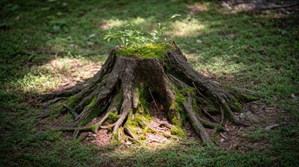 Obraz premium New green shoots sprout from a moss-covered tree stump with exposed roots.