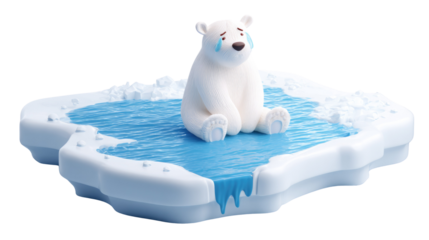 A crying 3D polar bear sits on a small, rapidly melting ice floe, symbolizing climate change and arctic habitat loss. background removed