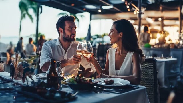 Romantic couple toasting with wine glasses during sunset dinner