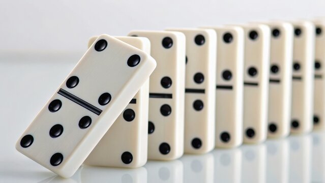 A series of dominoes lined up, showcasing the game pieces with black dots on a reflective surface. - Powered by Adobe