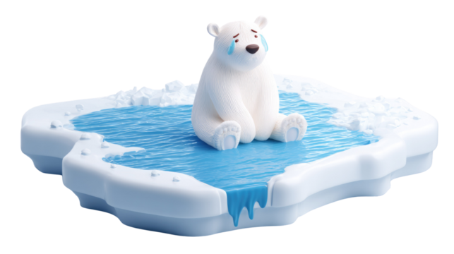 A crying 3D polar bear sits on a small, rapidly melting ice floe, symbolizing climate change and arctic habitat loss. background removed