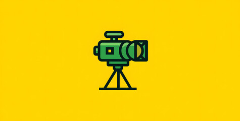 Fototapeta premium Video camera icon vector illustration with simple line art design in green and yellow tones on solid background, representing digital media, recording technology, and creative minimal logo concept