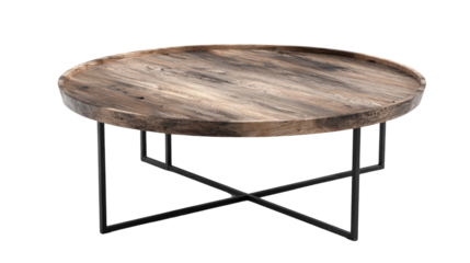 A rustic round coffee table features a distressed wooden top with a raised edge, supported by a modern black metal cross-base. Perfect for contemporary interiors. background removed