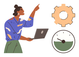 Woman holding a laptop, pointing to emphasize, next to a gear and progress gauge. Ideal for technology, productivity, teamwork, business growth, project management, innovation simple flat metaphor