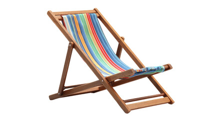 A colorful striped deck chair with a natural wooden frame, perfect for summer relaxation or beach scenes, isolated on a transparent background. background removed