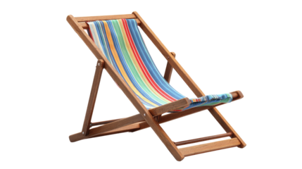 A colorful striped deck chair with a natural wooden frame, perfect for summer relaxation or beach scenes, isolated on a transparent background. background removed