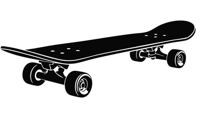 Skateboard graphic, black silhouette, isolated on white backdrop.