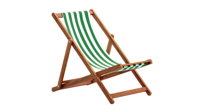 A classic wooden deck chair with vibrant green and white stripes, perfect for relaxing by the beach or pool. Isolated. background removed