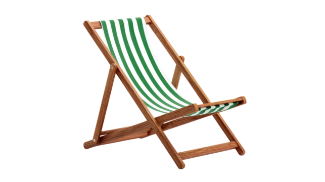 A classic wooden deck chair with vibrant green and white stripes, perfect for relaxing by the beach or pool. Isolated. background removed
