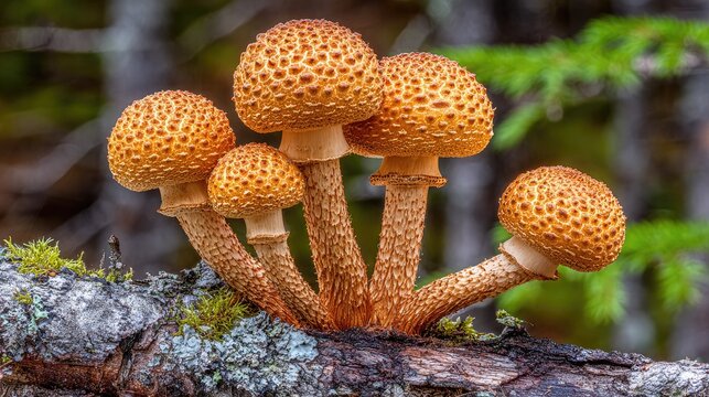 Honey mushrooms grow in a cluster on a mossy log.