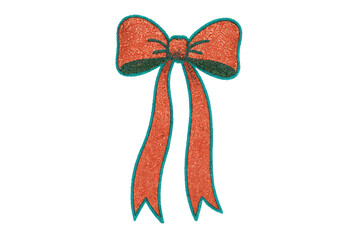 A red and teal glittery tinsel bow decoration with a sparkling texture and a dark green knot, representing a classic symbol for festive holiday gift wrapping or seasonal decor