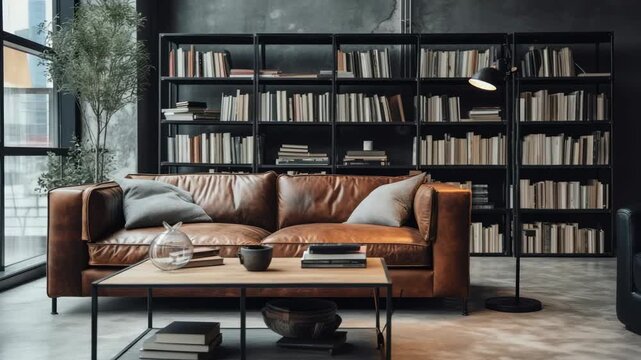 Stylish loft living room with a leather sofa, bookshelves, and modern decor. Captured from a wide-angle, perfect for a lifestyle video backdrop. Live desktop wallpaper.