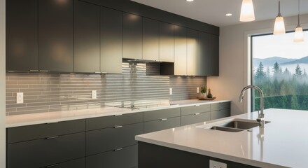 Modern kitchen interior with sleek design showing the cabinets and window view.