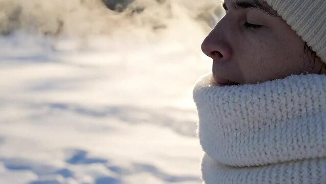 Woman exhaling breath in cold winter air.