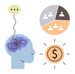 Human head with tangled thought, speech bubble, pie chart, and dollar sign reflecting teamwork, decision-making, mental clarity, financial planning, communication brainstorming minimalism. A simple