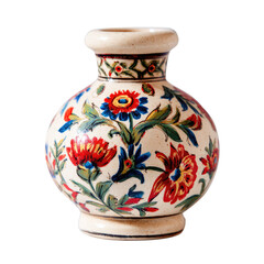 Stunning ceramic vase, intricately decorated with vibrant hand-painted traditional floral patterns in red, blue, and green on a light background. background removed