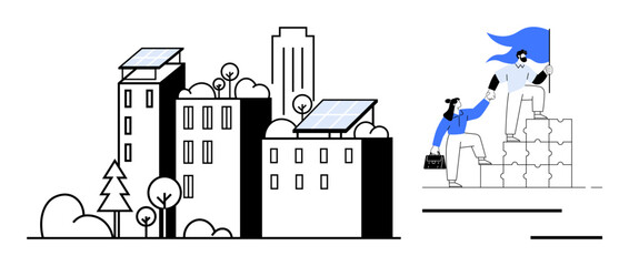 Modern buildings with solar panels surrounded by trees, juxtaposed with professionals supporting each other on stacked blocks. Ideal for sustainability, teamwork, collaboration, leadership, renewable