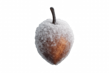 A single frozen brown pear covered in a thick layer of crystalline frost, showcasing its icy texture and shape in a dramatic, artistic still life composition