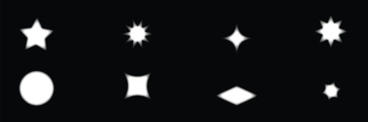 Abstract glowing shape collection with blurred star, circle, diamond and geometric symbols on black background