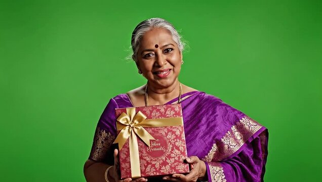Happy Indian senior woman holding a gift box on a green screen.