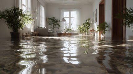 Flooded modern living room, water covering floor, disaster