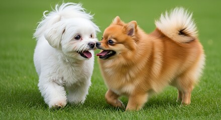 Two small dogs playing together on green grass in sunny weather  