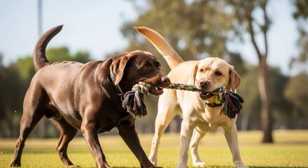 Two playful dogs tugging on a rope toy in a sunny park  