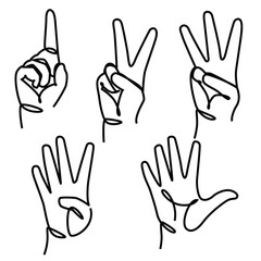 Hands show the number one two three four five one line drawing. Hands show the number one two three four five single line illustration. 