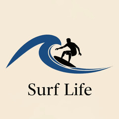 Silhouette of a surfer riding a wave with Surf Life text below.
