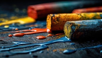 Dripping oil pastels on rough, dark wood surface