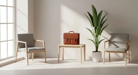 Fototapeta premium Sunlit minimalist lounge with two chairs, table, leather briefcase, and plant