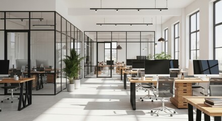 Open office space with modern design and natural light. Office environment, workspace.