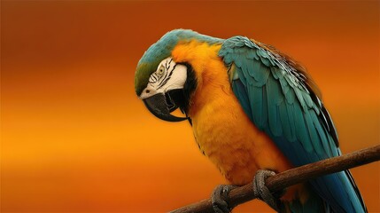 A colorful macaw perches on a branch against a vibrant orange background.