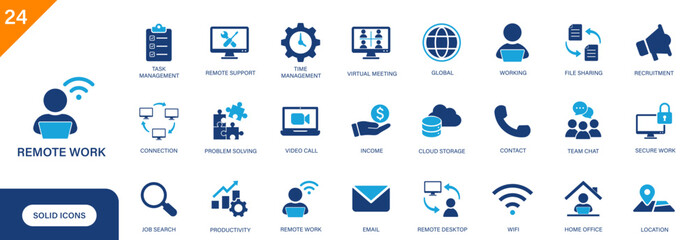 Remote work icon. Includes remote support, file sharing, home office, virtual meeting. Solid vector icon set.