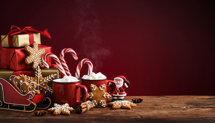 Cozy Christmas Eve Scene Featuring Mugs of Hot Cocoa, Festive Treats, and Wrapped Gifts, Perfect for Holiday Greetings and Seasonal Marketing Campaigns