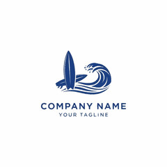 Blue Surfboard and Wave Logo Design for Company Branding.