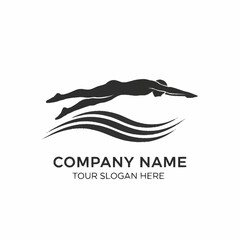 Silhouette of a Swimmer Gliding Over Water Waves, Ideal for Sports or Wellness Brand.