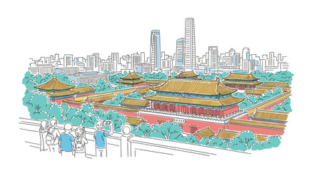 Beijing skyline doodle with iconic landmarks and architecture