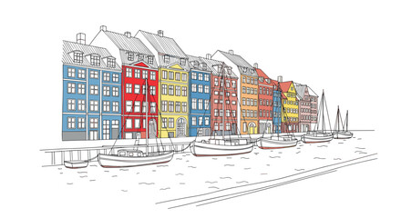 Copenhagen skyline doodle with iconic landmarks and architecture