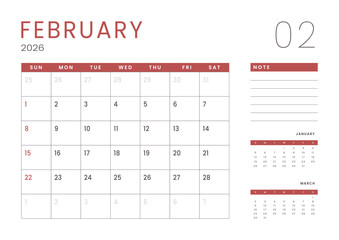 Monthly page Calendar Planner Template design of February 2026. Vector layout of calendar with week start Sunday for Scheduling. Page for size A4 or 21x29.7 cm