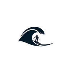 Simple silhouette of a surfer riding a large ocean wave.