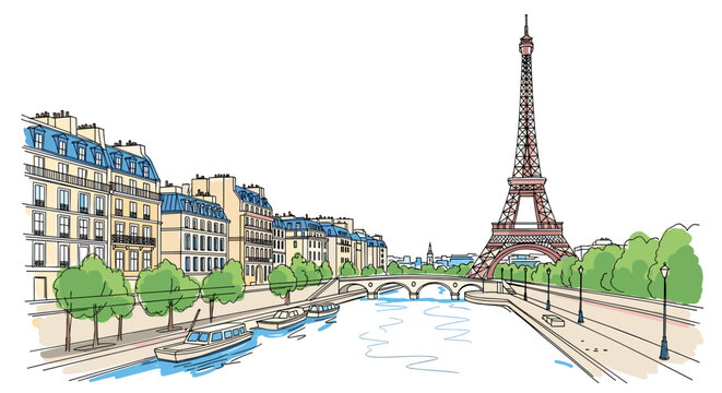Paris skyline doodle with iconic landmarks and architecture