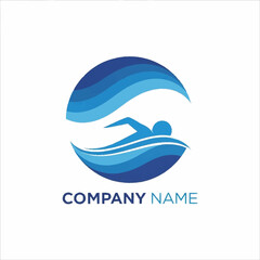 Stylized swimmer silhouette inside a circular blue wave logo design.